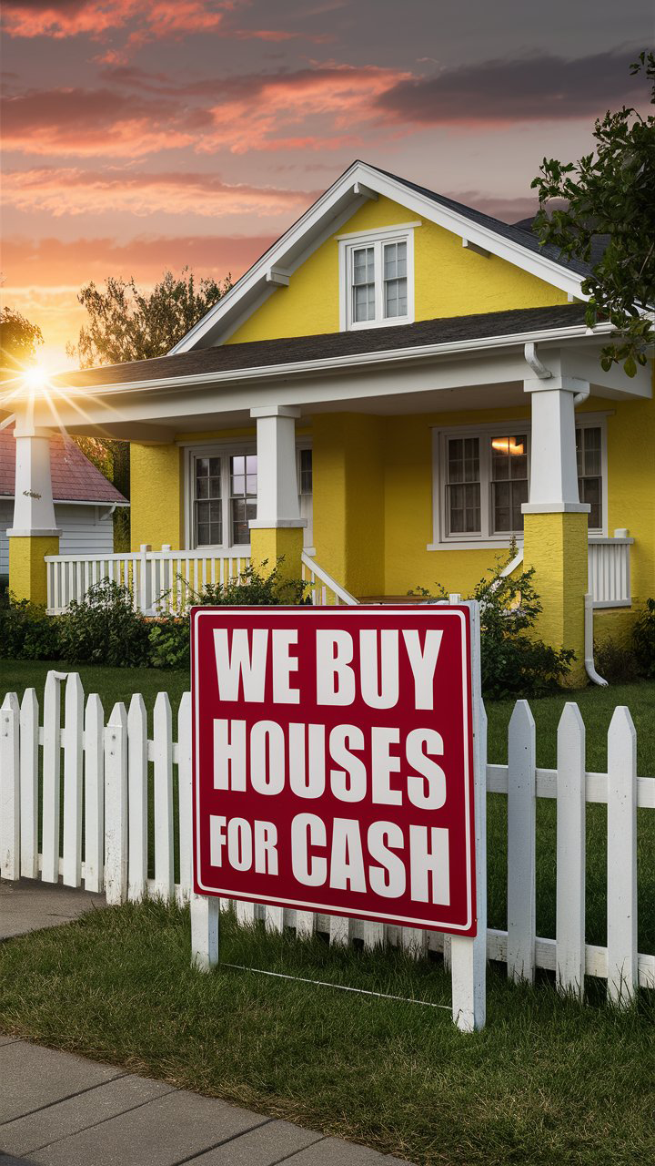 Yellow house with a "We Buy Houses for Cash" sign in the front yard at sunset.